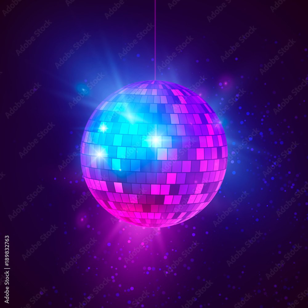 Disco ball with bright rays and bokeh. Music and dance night party  background. Abstract night club retro background 80s and 90s. Vector  illustration Stock Vector | Adobe Stock