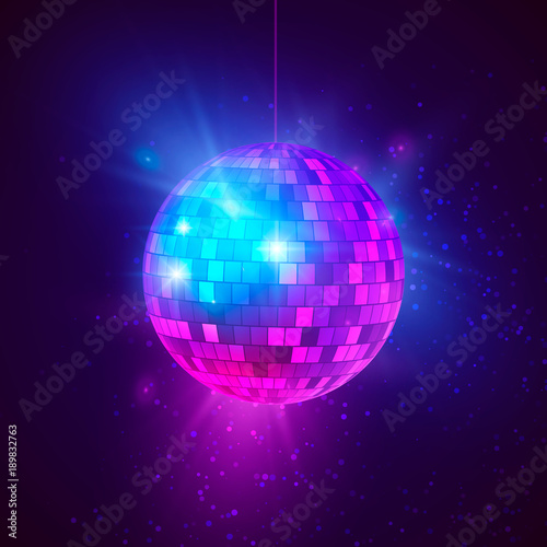 Disco ball with bright rays and bokeh. Music and dance night party background. Abstract night club retro background 80s and 90s. Vector illustration