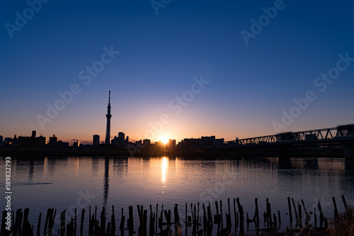 夕暮れの街並みとスカイツリー