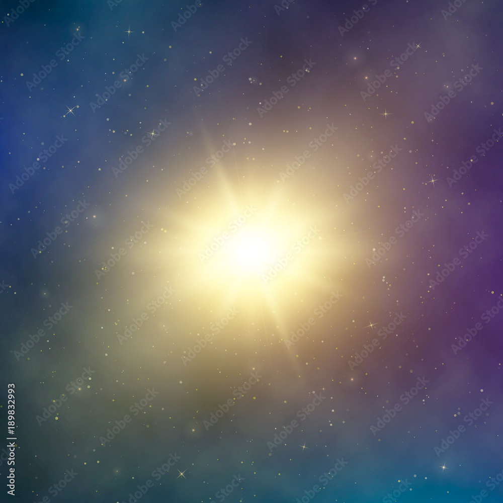 Obraz premium Sun light. Abstract bright star in space. Dark astral fantasy background. Vector illustration