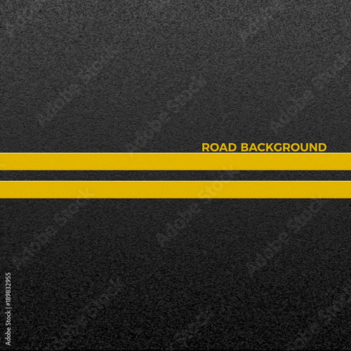 Structure of granular asphalt. Asphalt texture with two yellow line road marking. Abstract road background. Vector illustration