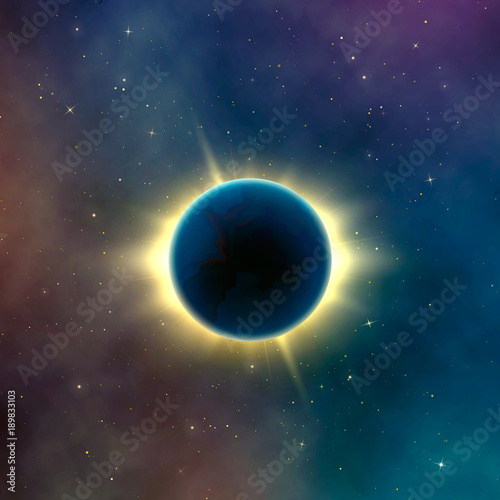 Astronomy effect solar eclipse. Abstract starry galaxy background. Vector illustration