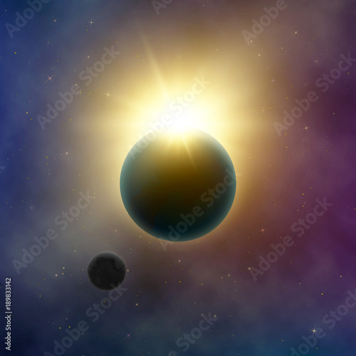 Abstract Milky Way Galaxy. Solar eclipse. Sun shine behind planet Earth and Moon. Starry night sky. Vector background illustration