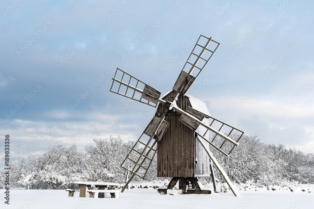 Snowy windmill view