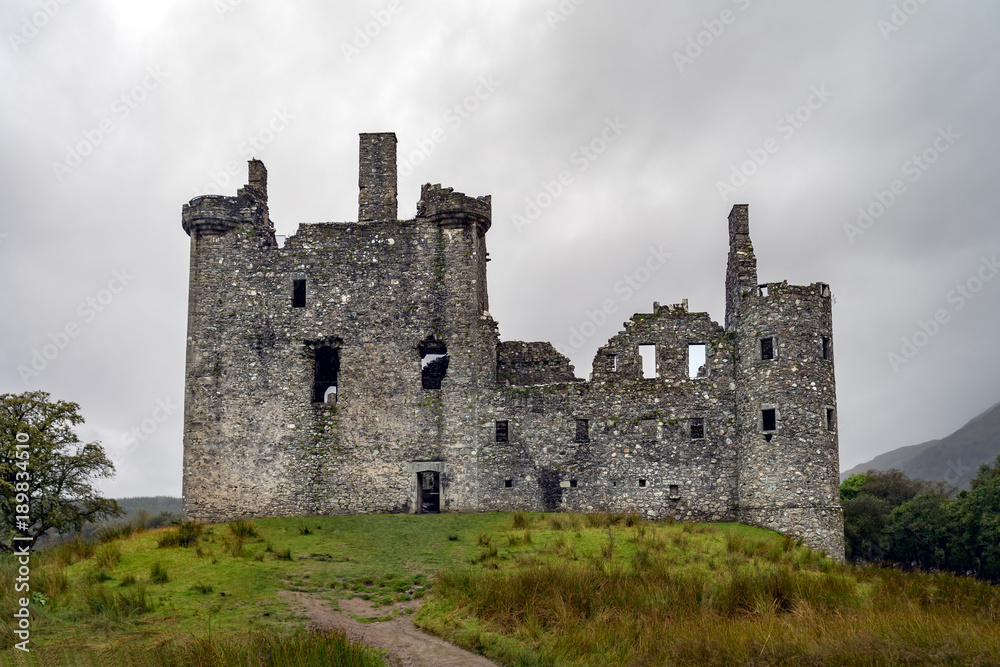 The ruins of historic Kilchurn Castle and view on Loch Awe