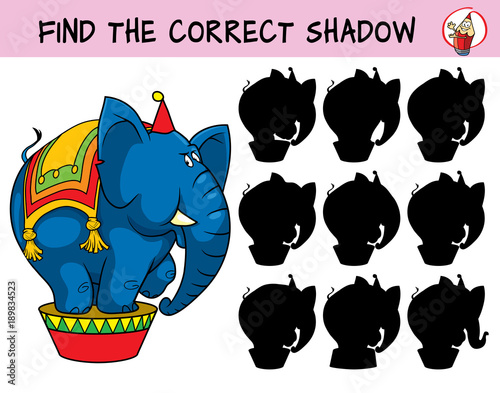 Circus elephant. Find the correct shadow. Educational matching game for children. Cartoon vector illustration