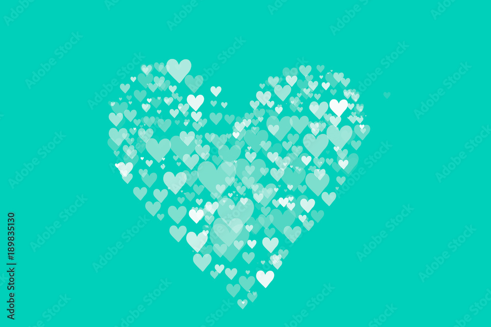 Little heart shape in big heart on pastel blue green color wallpaper with  copy space. Hand drawn illustration raster pattern love theme on  Valentine's day concept for product display and background. Stock