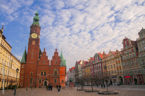 Main square in Wroclaw. City hall view with tower and clock.