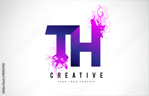 TH T H Purple Letter Logo Design with Liquid Effect Flowing