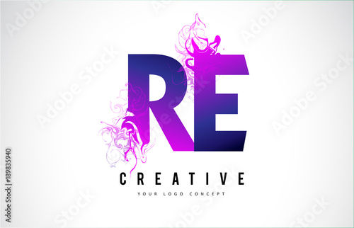 RE R E Purple Letter Logo Design with Liquid Effect Flowing