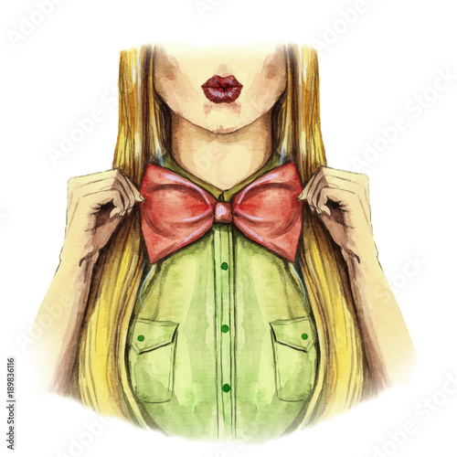 Watercolor picture on a Valentine's day, girl kisses, red lips, holds a bow bowl, shirt, valentines, heart on a white background, print, face, fashionable, for a postcard