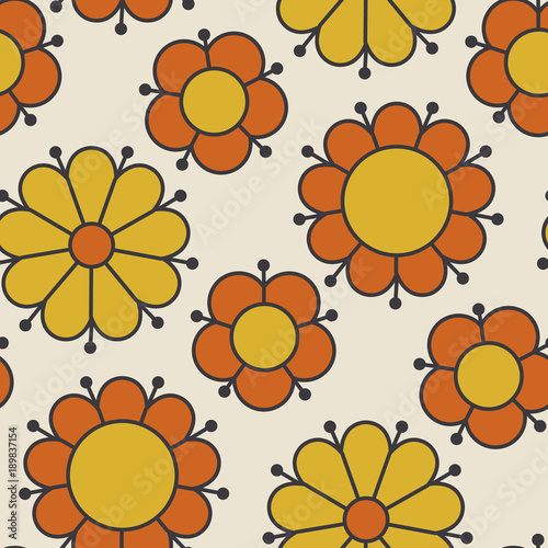 Retro orange and yellow color 60s flower motif. Geometric floral seamless pattern.  vector illustration