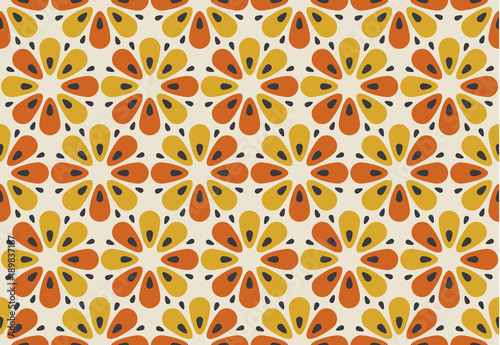 Retro orange and yellow color 60s flower motif. Geometric floral seamless pattern. vector illustration