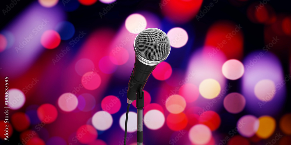 Obraz premium Live music concert concept. Microphone on stand on bokeh background, banner. 3d illustration