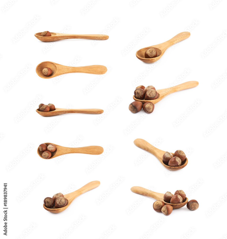 Hazelnut in a wooden spoon isolated Hazelnut in a wooden spoon isolated