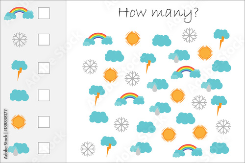 How many counting game with forecast pictures for kids, educational maths task for the development of logical thinking, preschool worksheet activity, count  and write the result, vector illustration