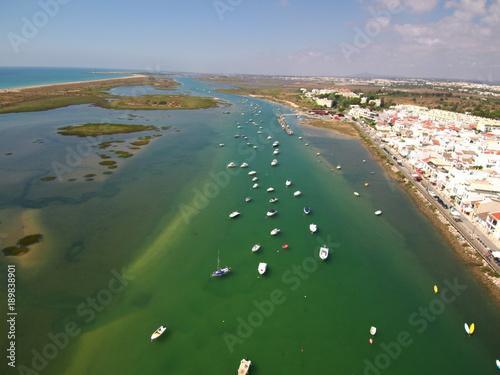 Cabanas de Tavira en Portugal, localidad costera de Tavira en el distrito de Faro, región del Algarve.Fotografia aerea con Drone photo