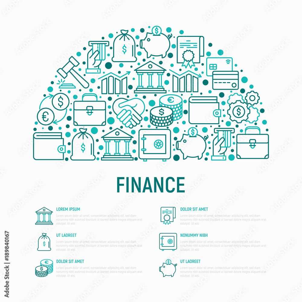 Finance concept in half circle with thin line icons: safe, credit card, piggy bank, wallet, currency exchange, hammer, agreement, handshake, atm slot. Modern vector illustration for banner, web page.