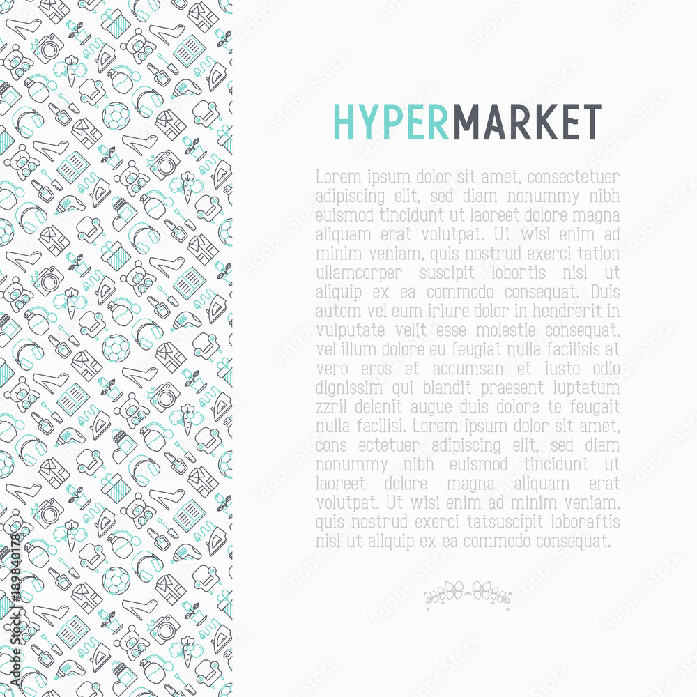 Hypermarket concept with thin line icons set: apparel, sport equipment, electronics, perfumery, cosmetics, toys, food, appliances. Modern vector illustration for print media, web page template.