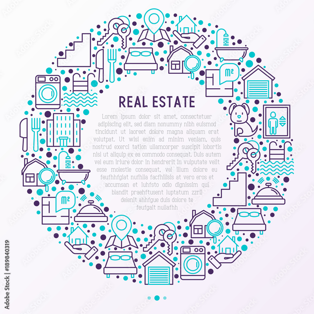 Rea estate concept in circle with thin line icons: apartment house, bedroom, keys, elevator, swimming pool, bathroom, facilities. Modern vector illustration for web page, print media.