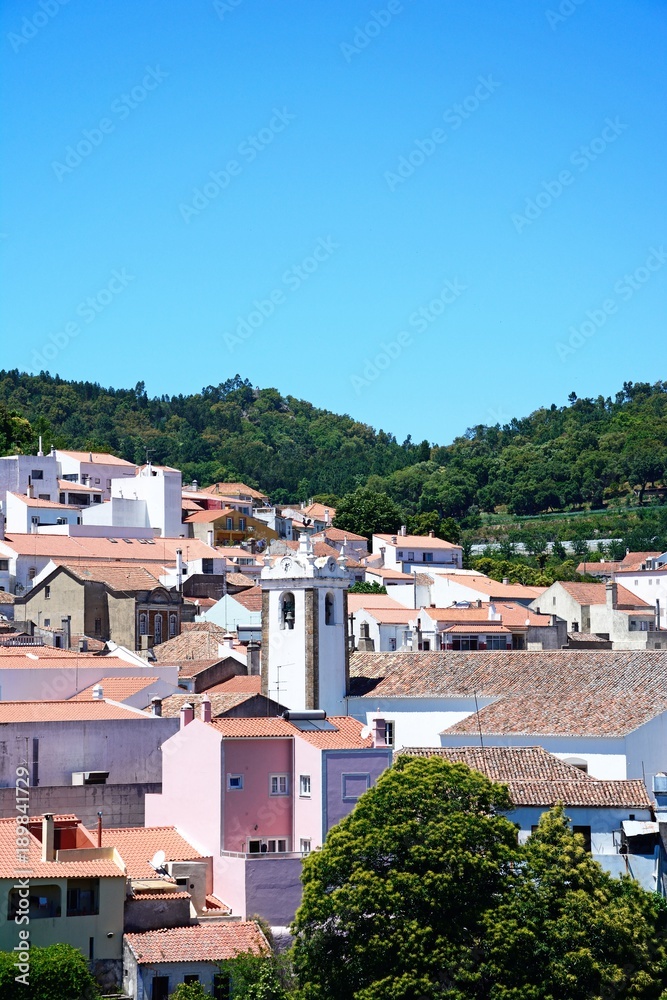 Elevated view of the village with the church to the centre, Monchique, Algarve, Portugal.
