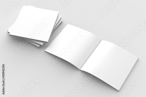 Square brochure, magazine, book or catalog mock up isolated on soft gray background. 3D illustrating.
