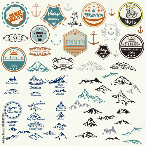 Huge vector collection of vintage labels and hand drawn mountains