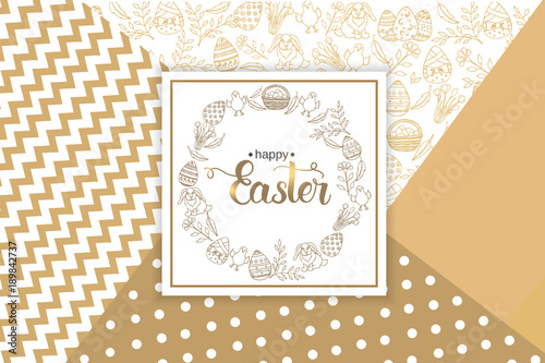 Easter Greeting Card with paschal hand drawn symbols, hand made trendy lettering "Happy Easter" on golden Modern Geometric Background . Vector illustration. Banner, flyer, brochure, postcard, for web