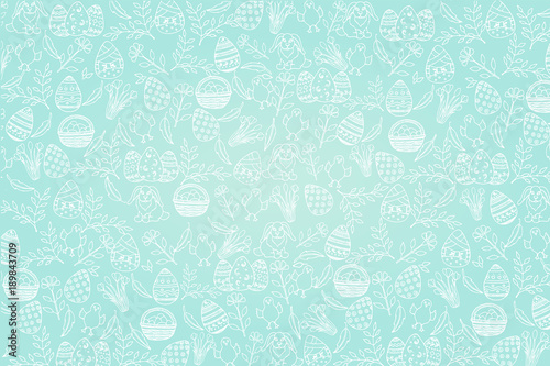 Easter pattern with paschal symbols in sketch style. Banner, flyer, brochure, advertising. Layout for holidays, postcards, websites