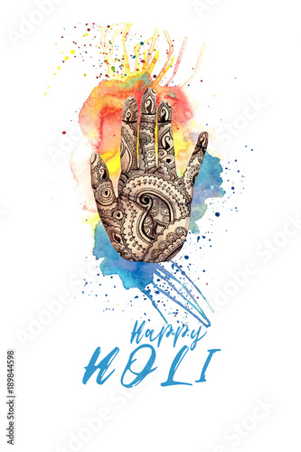 A watercolor drawing of a human hand, palms with a mehendi knot, an Indian pattern, with bright paint divorces and splashes on the theme of a holi festival, for decor and a postcard on a white backgro