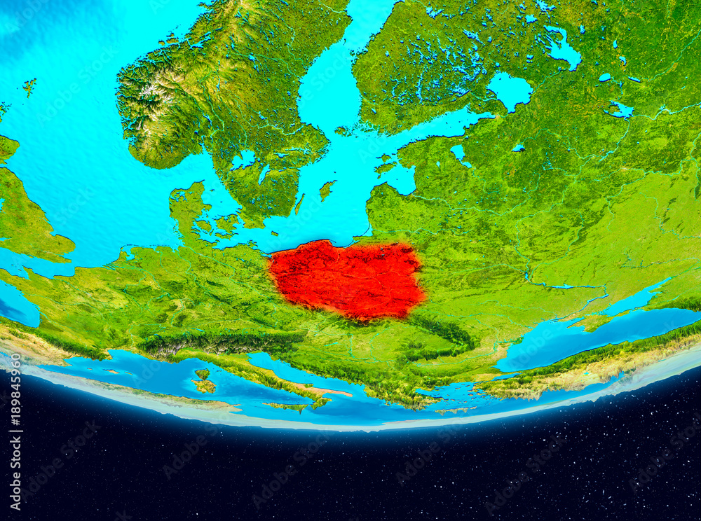 Satellite view of Poland in red