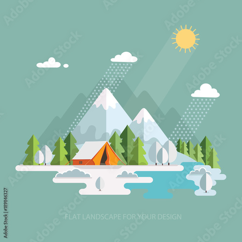 Winter, New Year, Christmas Landscape. Morning view in the mountains. Solitude in nature by the river. Weekend in the tent. Hiking and camping. Vector flat illustration