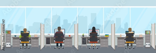 Modern office interior with employees. Office space with panoramic windows.