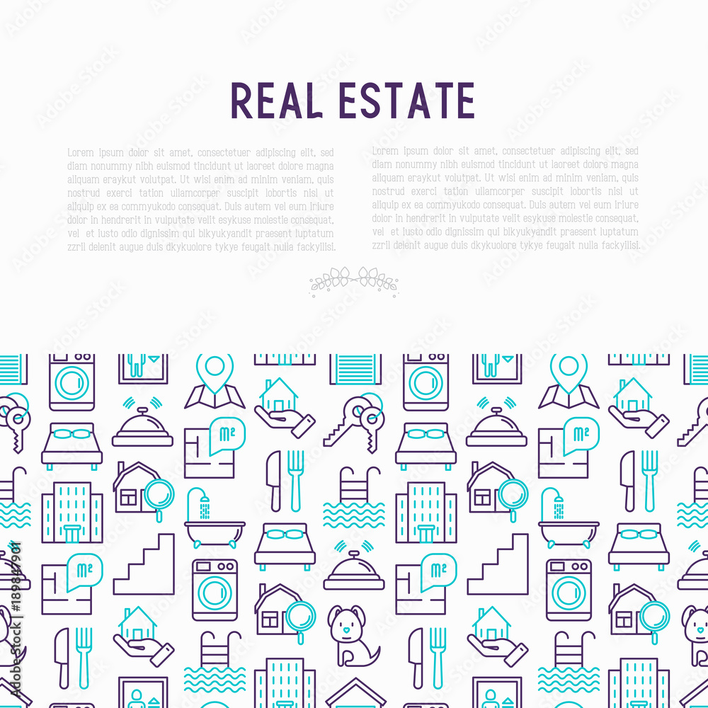 Real estate concept with thin line icons: apartment house, bedroom, keys, elevator, swimming pool, bathroom, facilities. Modern vector illustration for web page, print media.