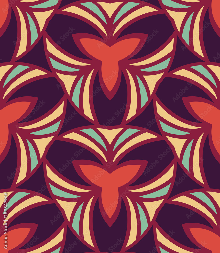 Seamless pattern morrocan ornament. Floral textile print. Islamic vector design. Oriental background with abstract flowers. Hexagonal trefoil swatch. Stained glass vitrage.