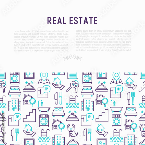 Real estate concept with thin line icons: apartment house, bedroom, keys, elevator, swimming pool, bathroom, facilities. Modern vector illustration for web page, print media. © AlexBlogoodf