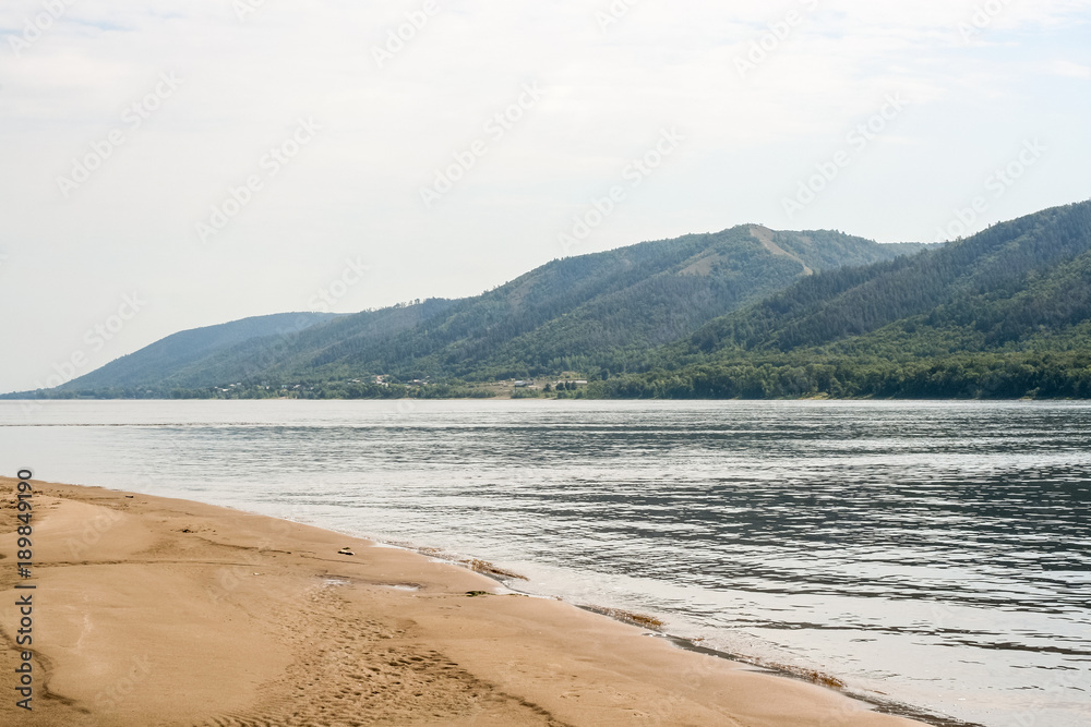 A sand braid, Zhiguli mountains and the riverbed of the Volga river.