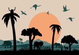 Savannah vector landscape with elephants and other animals vector silhouettes, vector illustration