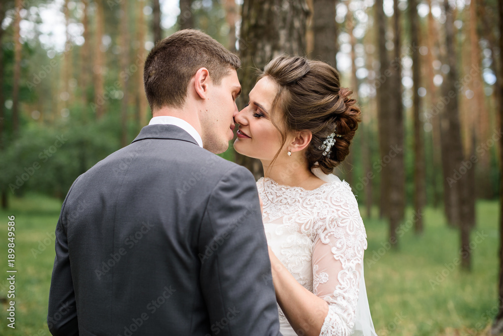 The first kiss of a newly formed family. Beautiful bride and handsome man groom kissing in a forest of pine trees. The first kiss of a newly formed family. Beautiful bride and handsome man groom kissing in a forest of pine trees.
