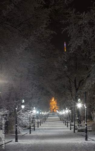 Night winter Ivan Franko park walkway in Lviv  Ukraine