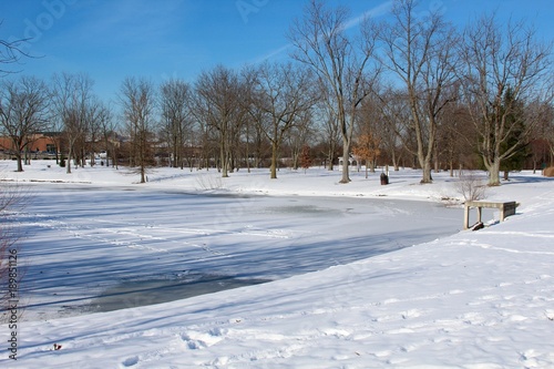 The frozen lake and the snowy landscape of the park.