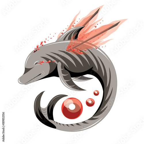 The fantastic dolphin cries and flies on bloody wings.