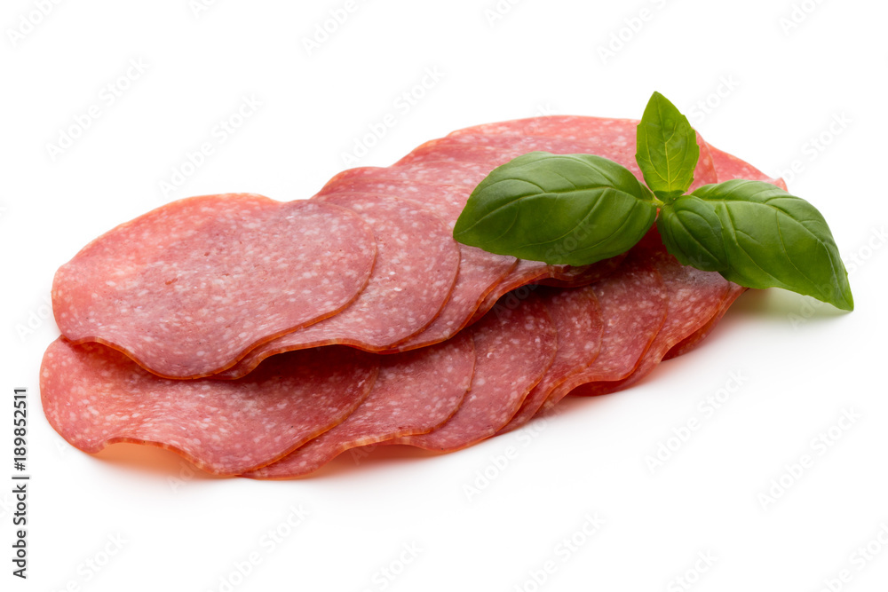 Salami slices isolated on white background. Salami slices isolated on white background.