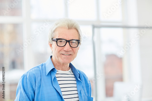 Confident mature businessman with grey hair looking at camera in office