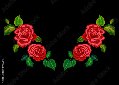 Embroidery neckline pattern with red roses. Vector embroidered floral design for fashion wearing.