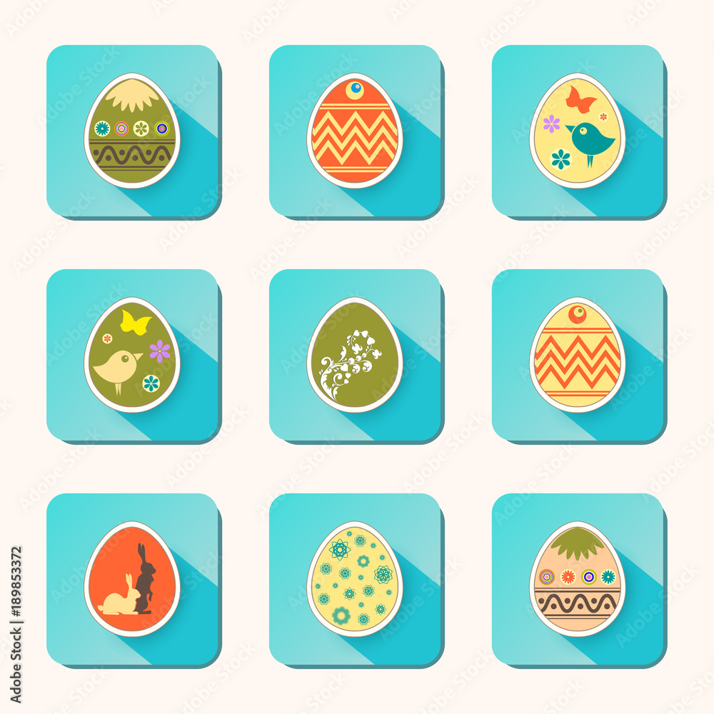 Easter eggs with a rabbit, a bird, a set