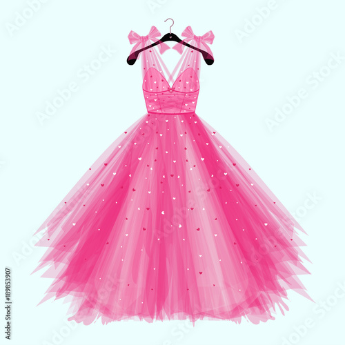 Pink birthday  party dress with bow. Fashion illustration for invitation card