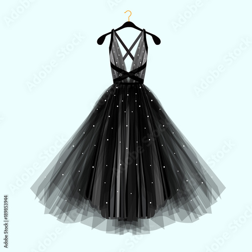 Beautiful black dress for special event. Vector Fashion illustration