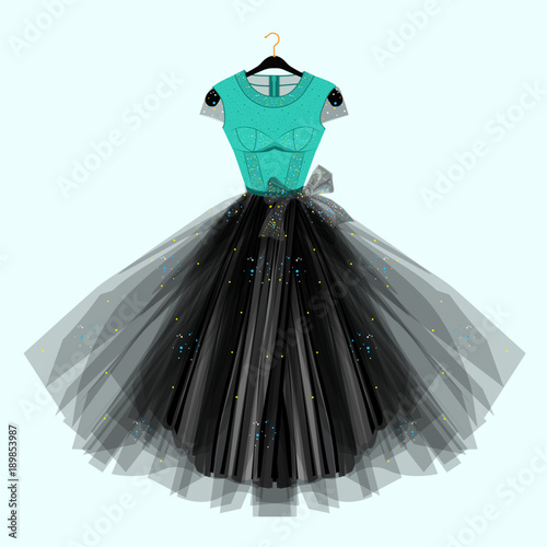 Dress with for special event. Vector Fashion illustration