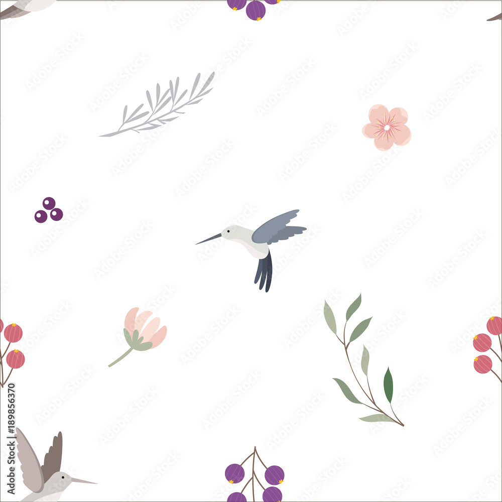 Seamless background with flowers and birds in rustic style